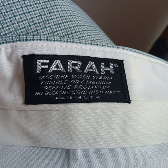 40x30 Men's Vintage Pants Farah Green Checkered Flat Front 1970's Polyester - Picture 6 of 6